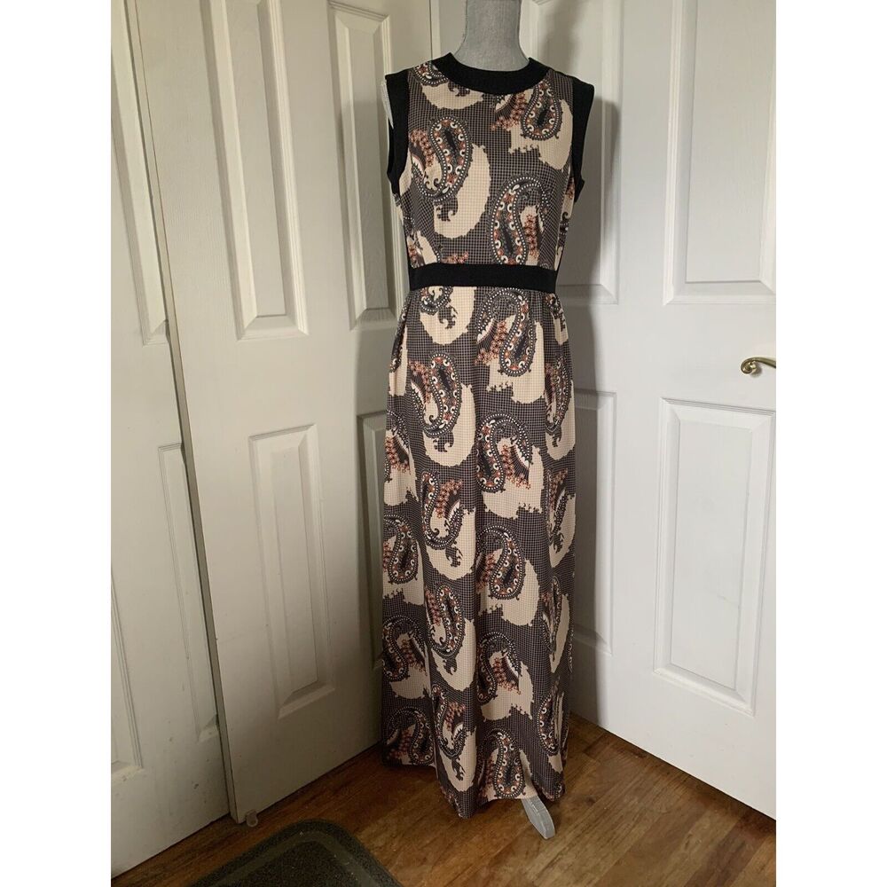 Vintage 70’s Alison Ayer’s Long Sleeveless Paisley Dress Vintage Size 16 Black